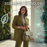 2026 moda trendlerini yansıtan, sürdürülebilir ve teknolojik detaylara sahip şık bir kadın kombini.
