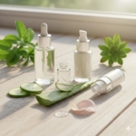 Günlük güzellik bakım rutini için doğal cilt bakım ürünleri ve bitkisel serumlar.