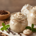 Cam kavanoz içerisinde kremsi dokulu ev yapımı vanilyalı kahve peelingi, yanında kahve çekirdekleri ve vanilya çubukları ile doğal cilt bakımı konsepti.