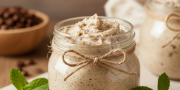 Cam kavanoz içerisinde kremsi dokulu ev yapımı vanilyalı kahve peelingi, yanında kahve çekirdekleri ve vanilya çubukları ile doğal cilt bakımı konsepti.