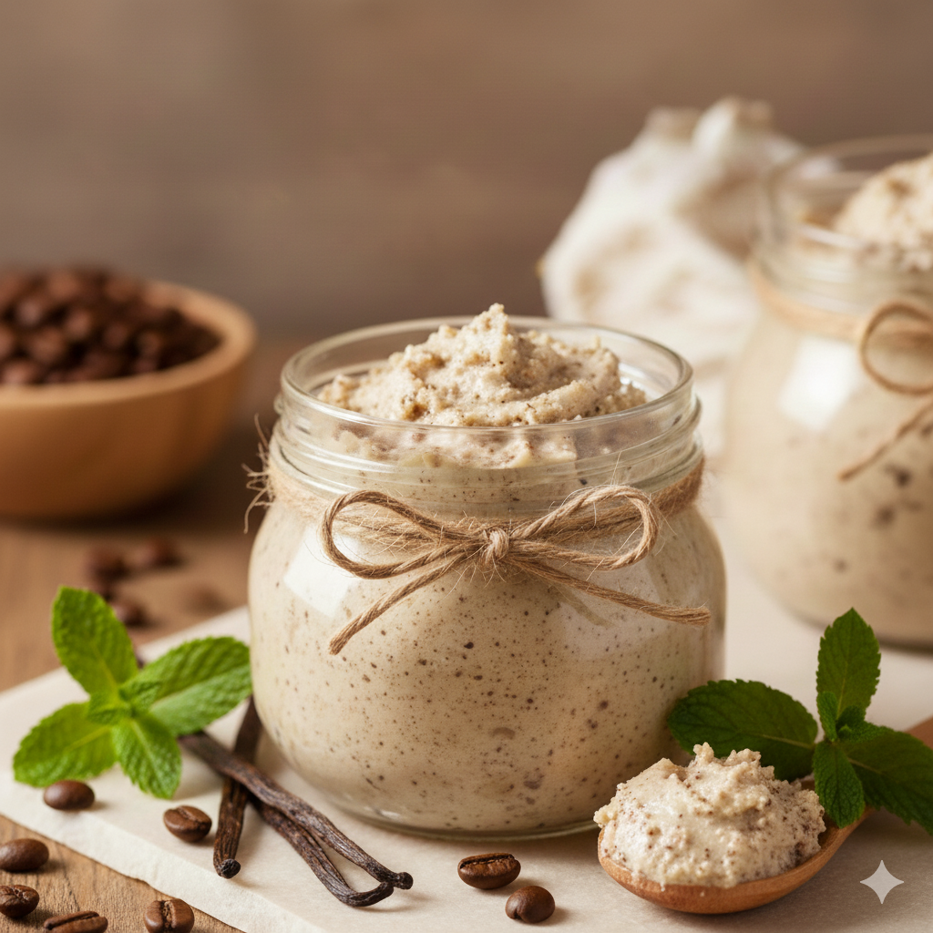 Cam kavanoz içerisinde kremsi dokulu ev yapımı vanilyalı kahve peelingi, yanında kahve çekirdekleri ve vanilya çubukları ile doğal cilt bakımı konsepti.
