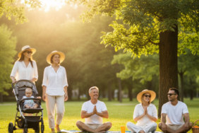 Doğal güneş ışığının vurduğu canlı yeşil yapraklar ve arka planda parlayan güneşin oluşturduğu, sağlığı ve enerjiyi simgeleyen ferah bir doğa manzarası.