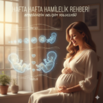 Hamile bir kadının karnına şefkatle dokunduğu, arka planda bebek gelişim evrelerini simgeleyen yumuşak hatlı, huzurlu bir görsel.