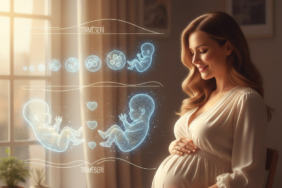 Hamile bir kadının karnına şefkatle dokunduğu, arka planda bebek gelişim evrelerini simgeleyen yumuşak hatlı, huzurlu bir görsel.