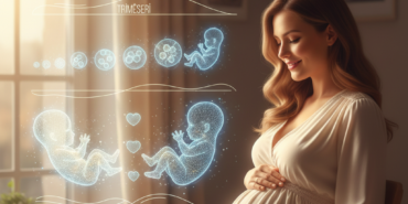 Hamile bir kadının karnına şefkatle dokunduğu, arka planda bebek gelişim evrelerini simgeleyen yumuşak hatlı, huzurlu bir görsel.