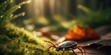 Bir yaprağın ucunda bekleyen küçük kene ve arka planda kene ısırığına karşı koruyucu önlem alan, doğada yürüyüş yapan insanlar.