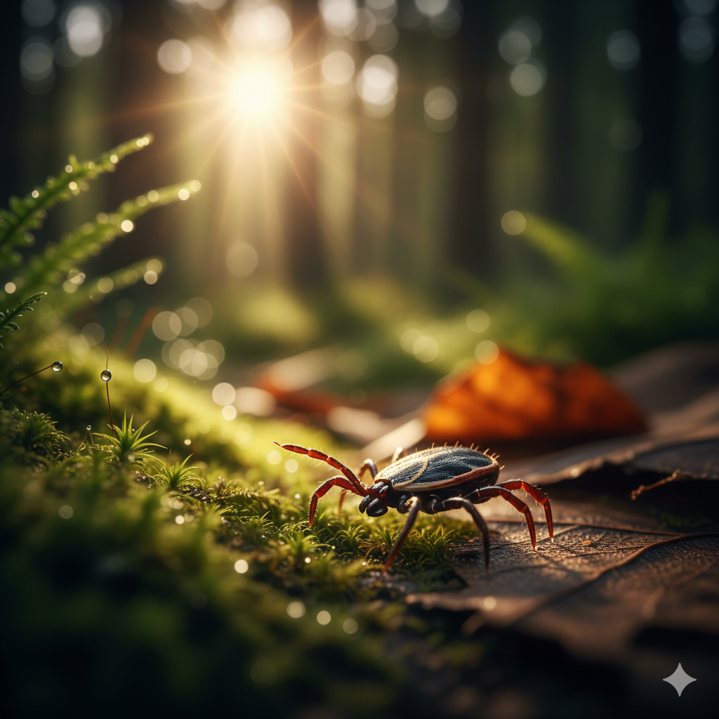 Bir yaprağın ucunda bekleyen küçük kene ve arka planda kene ısırığına karşı koruyucu önlem alan, doğada yürüyüş yapan insanlar.
