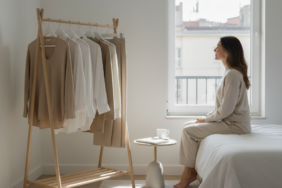 Minimalist bir odada, sadece birkaç kaliteli parça kıyafetin asılı olduğu şık bir askılık ve pencere önünde huzurla oturan bir kadını betimleyen sade görsel.