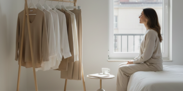 Minimalist bir odada, sadece birkaç kaliteli parça kıyafetin asılı olduğu şık bir askılık ve pencere önünde huzurla oturan bir kadını betimleyen sade görsel.