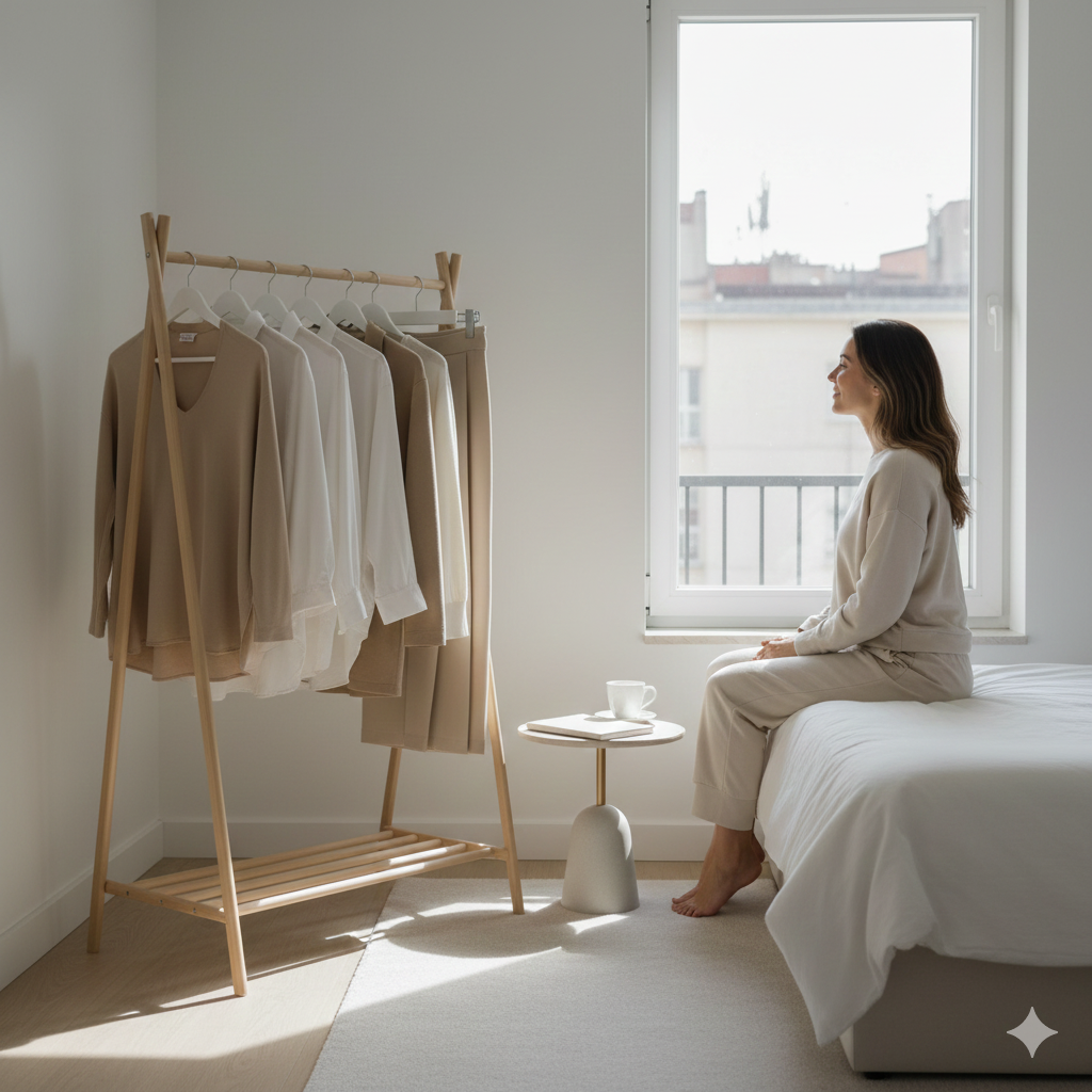 Minimalist bir odada, sadece birkaç kaliteli parça kıyafetin asılı olduğu şık bir askılık ve pencere önünde huzurla oturan bir kadını betimleyen sade görsel.