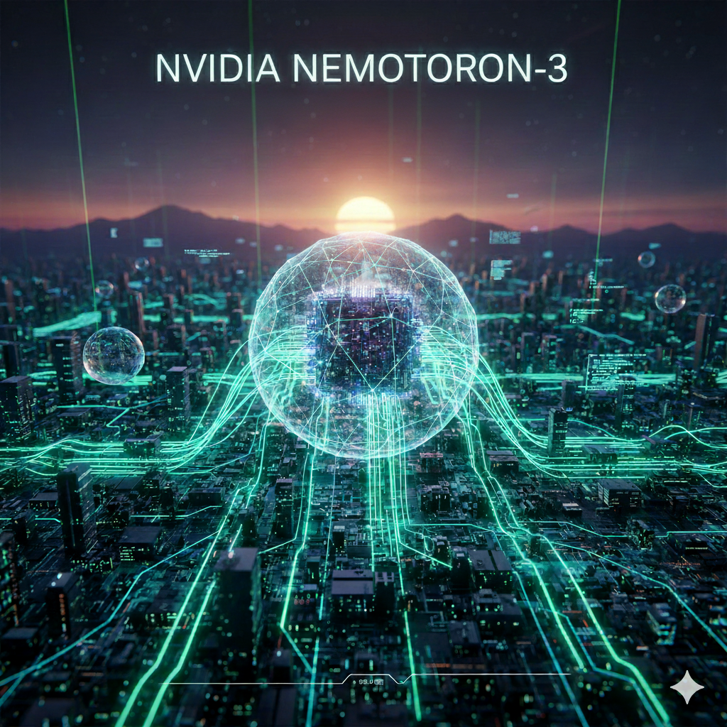 Nvidia Nemotron-3 yapay zeka motorunu ve teknolojik ağları simgeleyen fütüristik bir görsel.