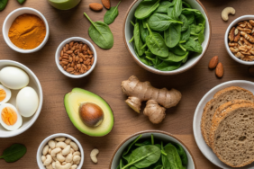 Ahşap bir zemin üzerinde düzenlenmiş avokado, yumurta, zencefil, ıspanak ve çiğ kuruyemişler gibi testosteron seviyesini destekleyen sağlıklı gıdaların üstten görünümü.