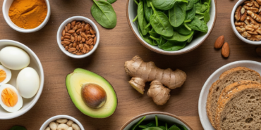 Ahşap bir zemin üzerinde düzenlenmiş avokado, yumurta, zencefil, ıspanak ve çiğ kuruyemişler gibi testosteron seviyesini destekleyen sağlıklı gıdaların üstten görünümü.