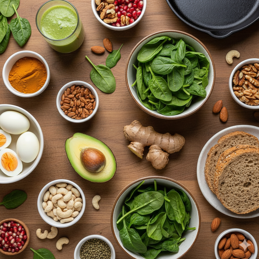 Ahşap bir zemin üzerinde düzenlenmiş avokado, yumurta, zencefil, ıspanak ve çiğ kuruyemişler gibi testosteron seviyesini destekleyen sağlıklı gıdaların üstten görünümü.