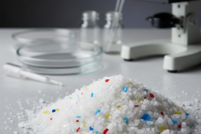 Siyah bir zemin üzerinde dağılmış beyaz deniz tuzu kristallerinin arasında görünen küçük mavi ve kırmızı mikroplastik parçacıkları, gıda kirliliği konsepti.