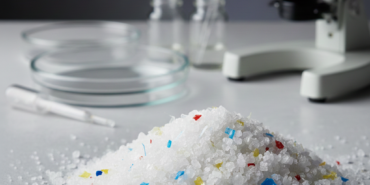 Siyah bir zemin üzerinde dağılmış beyaz deniz tuzu kristallerinin arasında görünen küçük mavi ve kırmızı mikroplastik parçacıkları, gıda kirliliği konsepti.