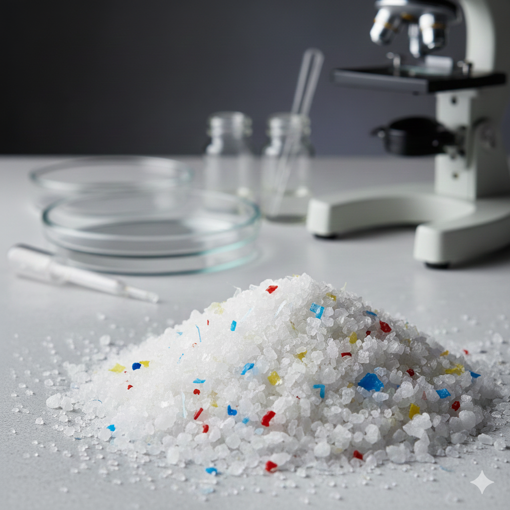 Siyah bir zemin üzerinde dağılmış beyaz deniz tuzu kristallerinin arasında görünen küçük mavi ve kırmızı mikroplastik parçacıkları, gıda kirliliği konsepti.