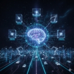 Geleceğin teknolojilerini temsil eden dijital ağlar ve yapay zeka beyin illüstrasyonu.