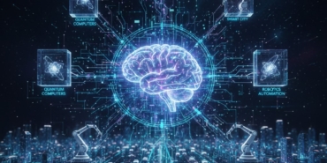 Geleceğin teknolojilerini temsil eden dijital ağlar ve yapay zeka beyin illüstrasyonu.