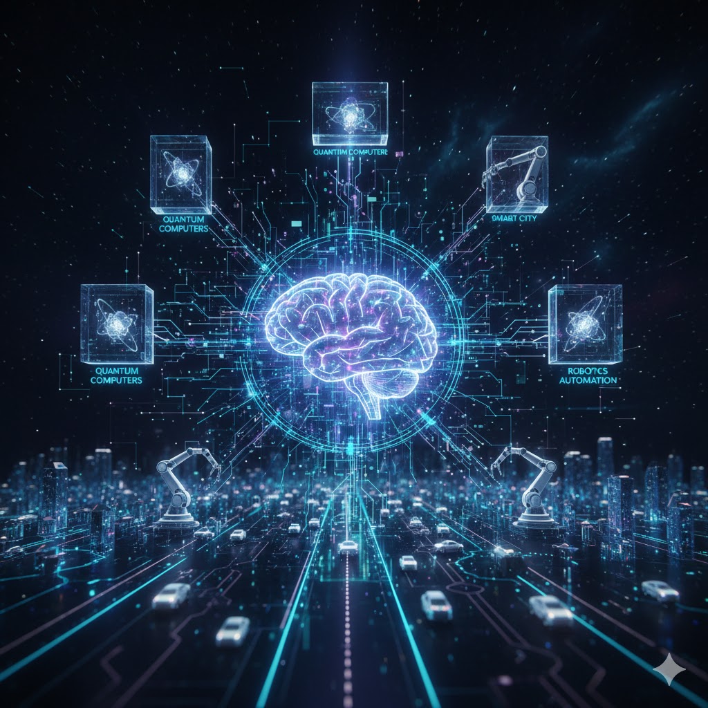 Geleceğin teknolojilerini temsil eden dijital ağlar ve yapay zeka beyin illüstrasyonu.