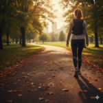 "Güneşli bir parkta, üzerinde ağırlık yeleğiyle ağaçlıklı yolda yürüyen bir kadının arkadan görünümü. Sonbahar yaprakları ve huzurlu bir doğa atmosferi."