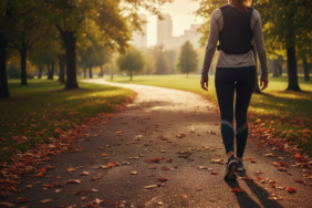 "Güneşli bir parkta, üzerinde ağırlık yeleğiyle ağaçlıklı yolda yürüyen bir kadının arkadan görünümü. Sonbahar yaprakları ve huzurlu bir doğa atmosferi."