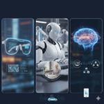 2026 teknoloji gündemini yansıtan fütüristik bir kompozisyon; şeffaf ekranlı bir akıllı gözlük takan kullanıcı ve arka planda endüstriyel alanda çalışan insansı bir robot.