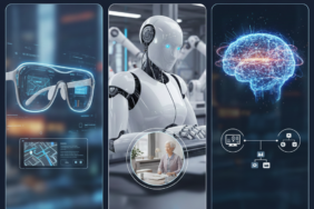 2026 teknoloji gündemini yansıtan fütüristik bir kompozisyon; şeffaf ekranlı bir akıllı gözlük takan kullanıcı ve arka planda endüstriyel alanda çalışan insansı bir robot.