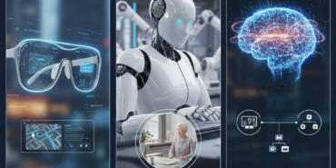 2026 teknoloji gündemini yansıtan fütüristik bir kompozisyon; şeffaf ekranlı bir akıllı gözlük takan kullanıcı ve arka planda endüstriyel alanda çalışan insansı bir robot.