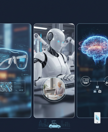 2026 teknoloji gündemini yansıtan fütüristik bir kompozisyon; şeffaf ekranlı bir akıllı gözlük takan kullanıcı ve arka planda endüstriyel alanda çalışan insansı bir robot.