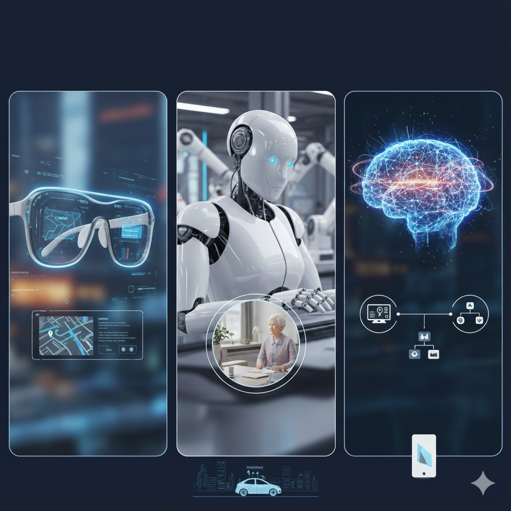 2026 teknoloji gündemini yansıtan fütüristik bir kompozisyon; şeffaf ekranlı bir akıllı gözlük takan kullanıcı ve arka planda endüstriyel alanda çalışan insansı bir robot.