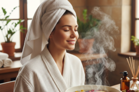 Bornozlu ve saçında havlu olan genç bir kadının, içinde papatya, gül yaprakları ve limon dilimleri bulunan sıcak bitki buharıyla yüz bakımı yaparken duyduğu huzurlu an.