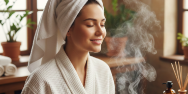 Bornozlu ve saçında havlu olan genç bir kadının, içinde papatya, gül yaprakları ve limon dilimleri bulunan sıcak bitki buharıyla yüz bakımı yaparken duyduğu huzurlu an.