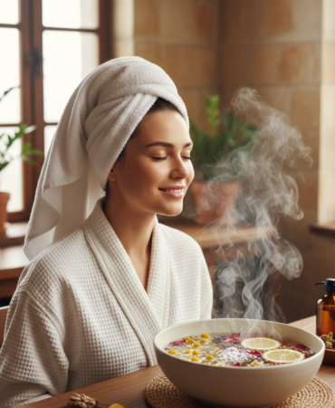 Bornozlu ve saçında havlu olan genç bir kadının, içinde papatya, gül yaprakları ve limon dilimleri bulunan sıcak bitki buharıyla yüz bakımı yaparken duyduğu huzurlu an.