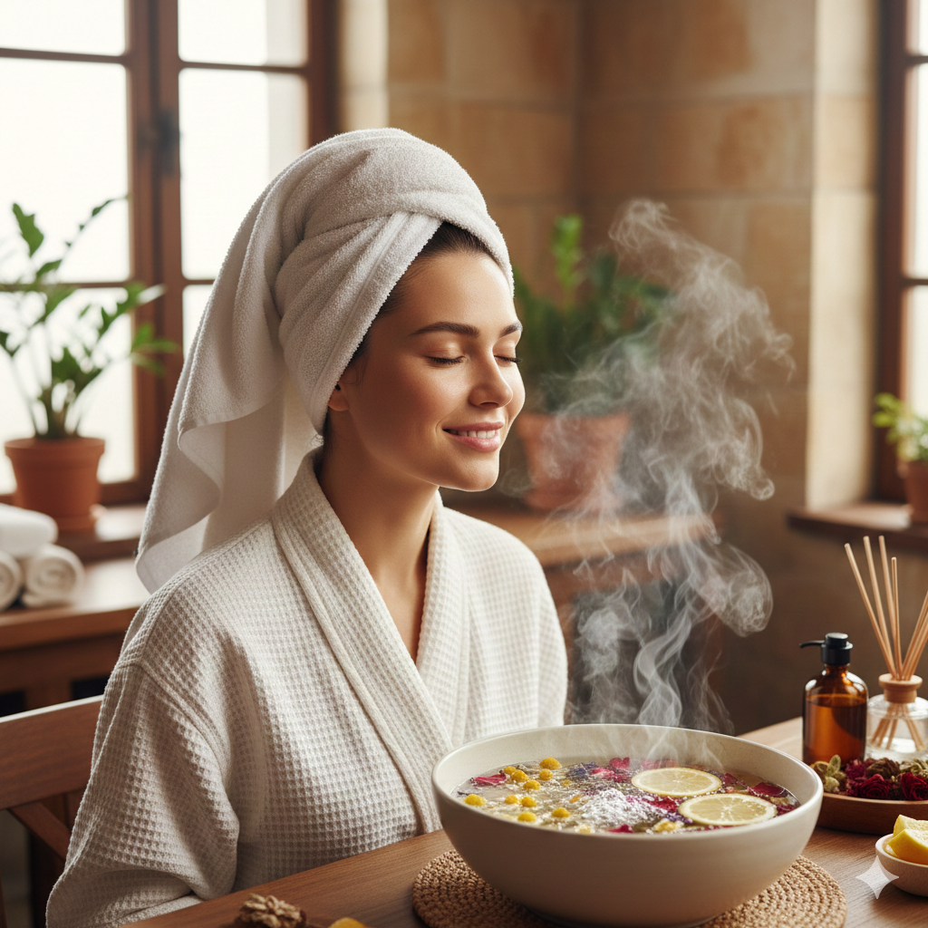 Bornozlu ve saçında havlu olan genç bir kadının, içinde papatya, gül yaprakları ve limon dilimleri bulunan sıcak bitki buharıyla yüz bakımı yaparken duyduğu huzurlu an.