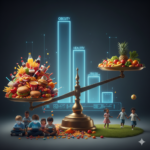 Bir tarafta sebze-meyvelerin, diğer tarafta işlenmiş gıdaların olduğu bir terazide ağır basan fast-food ürünleri ve endişeli bir çocuk figürü; çocuklarda obezite artışını simgeleyen görsel.Çocuklarda Obezite Artışı