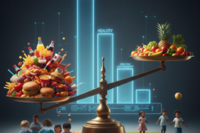 Bir tarafta sebze-meyvelerin, diğer tarafta işlenmiş gıdaların olduğu bir terazide ağır basan fast-food ürünleri ve endişeli bir çocuk figürü; çocuklarda obezite artışını simgeleyen görsel.Çocuklarda Obezite Artışı