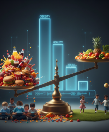 Bir tarafta sebze-meyvelerin, diğer tarafta işlenmiş gıdaların olduğu bir terazide ağır basan fast-food ürünleri ve endişeli bir çocuk figürü; çocuklarda obezite artışını simgeleyen görsel.Çocuklarda Obezite Artışı