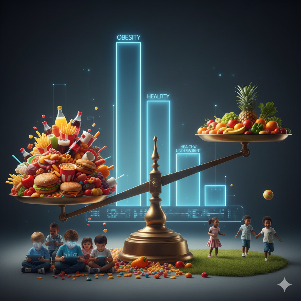 Bir tarafta sebze-meyvelerin, diğer tarafta işlenmiş gıdaların olduğu bir terazide ağır basan fast-food ürünleri ve endişeli bir çocuk figürü; çocuklarda obezite artışını simgeleyen görsel.Çocuklarda Obezite Artışı