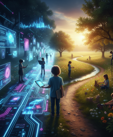 Bir yanda yemyeşil bir doğa ve geleneksel oyuncaklar, diğer yanda ise holografik ekranlar ve dijital bir evrenin ortasında duran, her iki dünyaya da bakan düşünen bir çocuk silüeti.