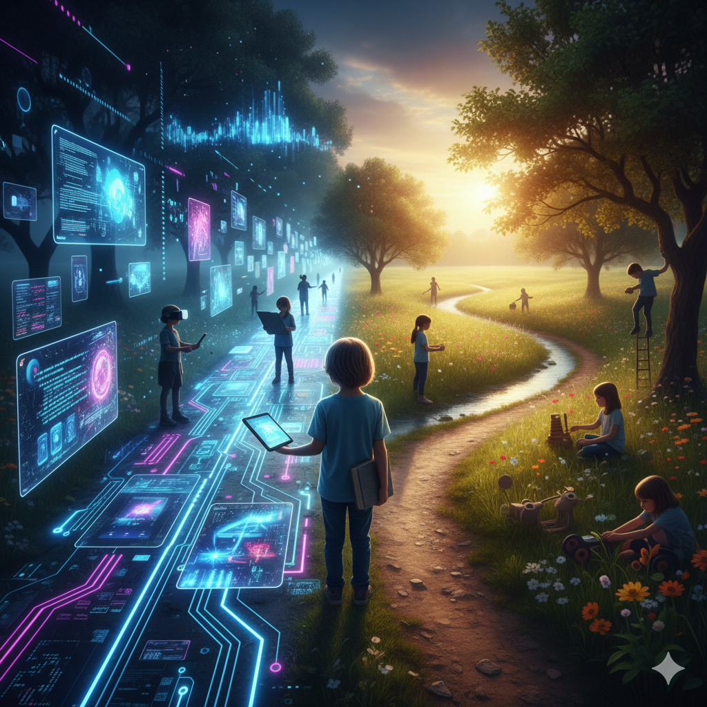 Bir yanda yemyeşil bir doğa ve geleneksel oyuncaklar, diğer yanda ise holografik ekranlar ve dijital bir evrenin ortasında duran, her iki dünyaya da bakan düşünen bir çocuk silüeti.