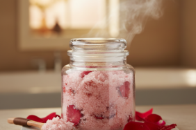 Ev yapımı gül vücut peelingi ve taze gül yaprakları içeren cam kavanoz