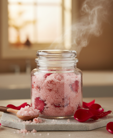 Ev yapımı gül vücut peelingi ve taze gül yaprakları içeren cam kavanoz