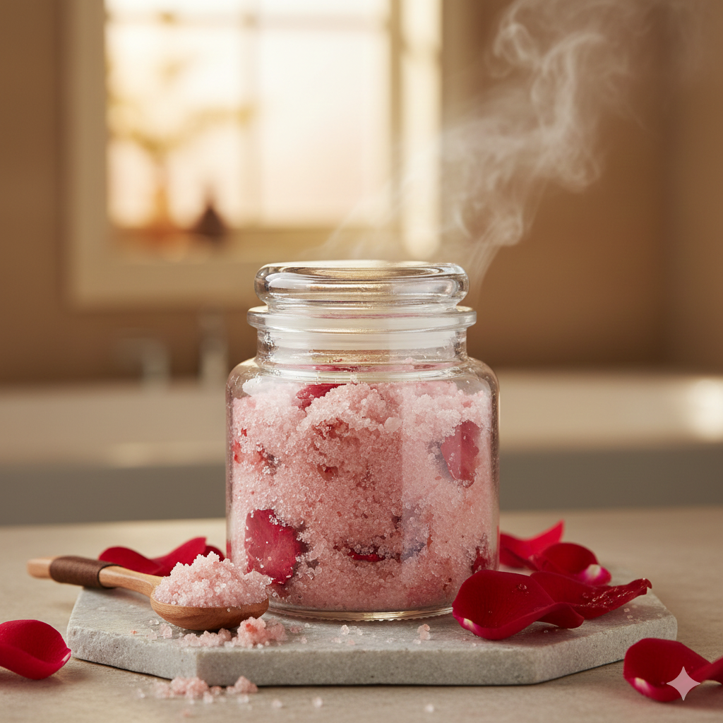 Ev yapımı gül vücut peelingi ve taze gül yaprakları içeren cam kavanoz