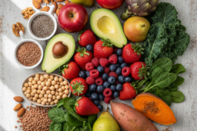 Çeşitli yüksek lifli gıdalar (çilek, avokado, chia tohumu, mercimek, yeşil sebzeler) sağlıklı beslenmeyi temsil ediyor.