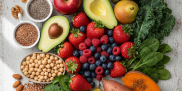 Çeşitli yüksek lifli gıdalar (çilek, avokado, chia tohumu, mercimek, yeşil sebzeler) sağlıklı beslenmeyi temsil ediyor.