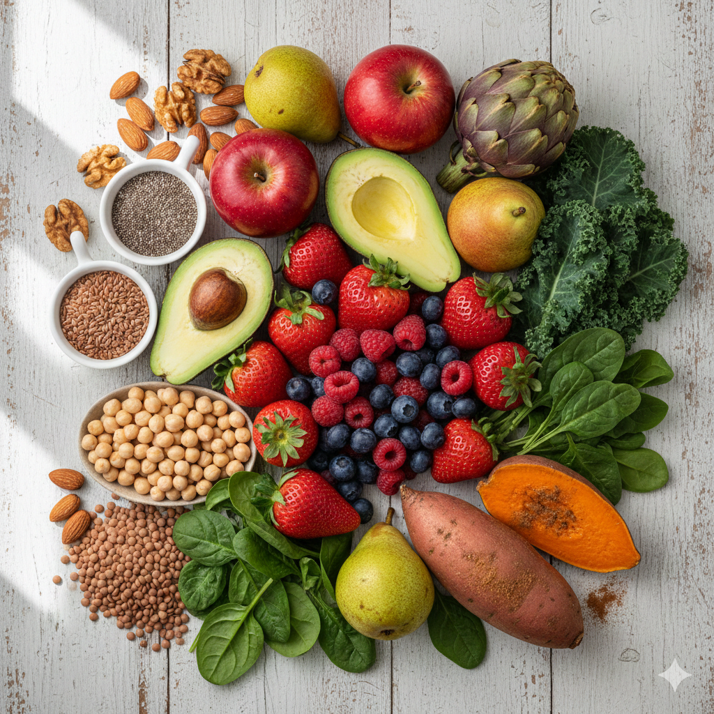 Çeşitli yüksek lifli gıdalar (çilek, avokado, chia tohumu, mercimek, yeşil sebzeler) sağlıklı beslenmeyi temsil ediyor.